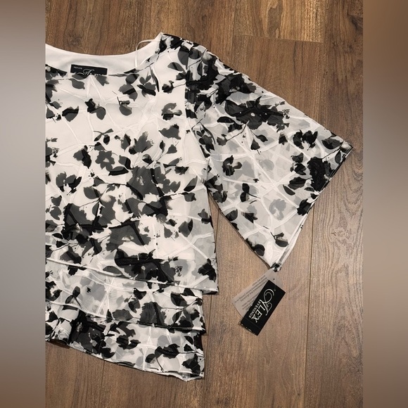 Alex evenings Printed Chiffon Blouse with Bell Sleeves and Asymmetric Triple - Picture 2 of 5